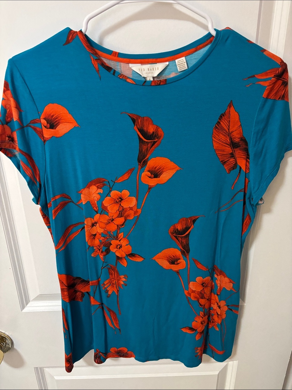 Ted Baker Teal Short-Sleeve Top with Orange Floral Print